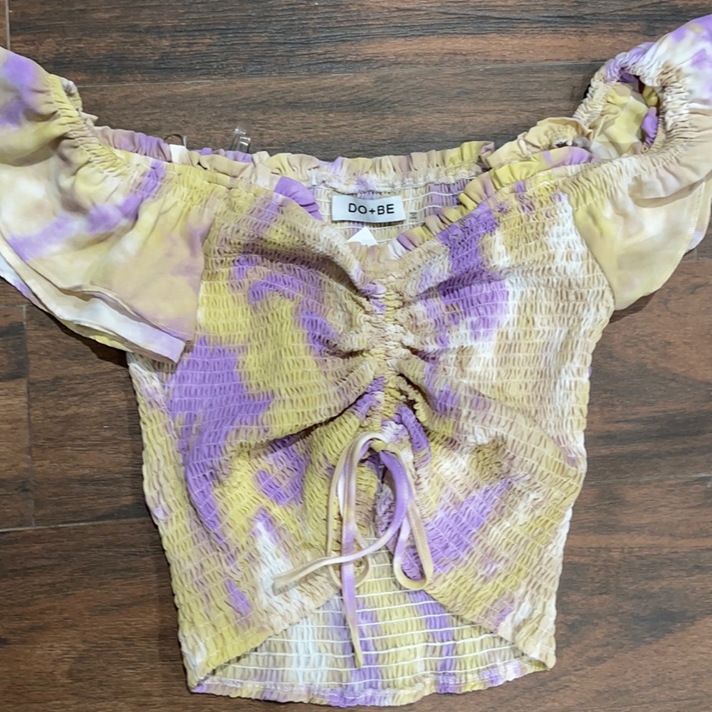 Tie Dye Smocked Crop Top, purple and yellow, size large